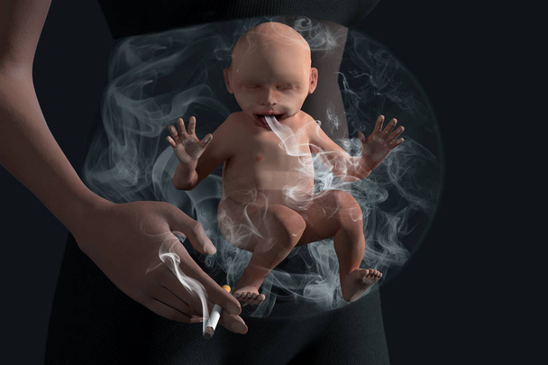 Bebé fumador en un bache. Bebé nonato en bulto de bebé fuma pasivamente
 - Foto, imagen