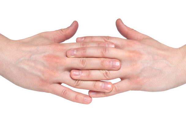 zwei Menschen verbinden die Hände isoliert auf weißem Hintergrund, coll - Foto, Bild