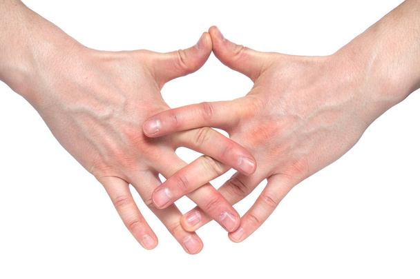 Dois humanos unem as mãos isolados no fundo branco, coll
 - Foto, Imagem