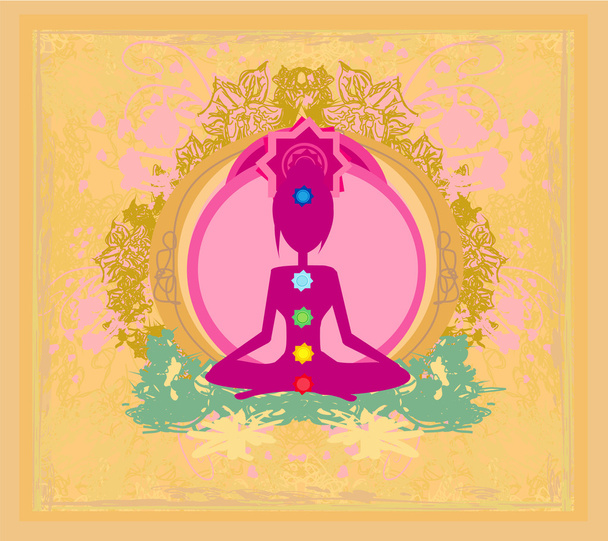 Postura de loto de yoga. Padmasana con puntos de chakra de colores. - Vector, imagen