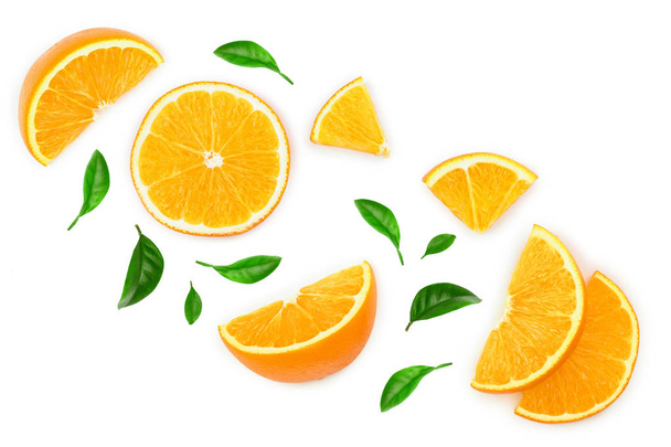 orange with leaves isolated on white background with copy space for your text. Top view. Flat lay - Φωτογραφία, εικόνα