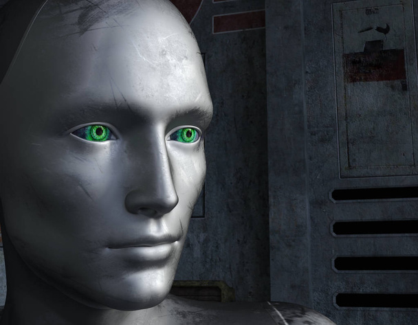 Robot face with green eyes at a futuristic background - Valokuva, kuva