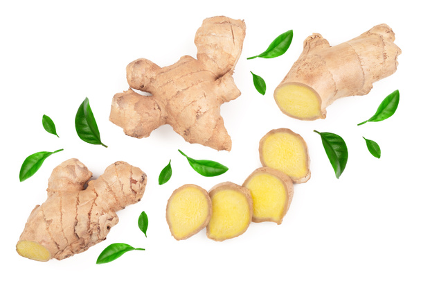 fresh Ginger root and slice isolated on white background with copy space for your text. Top view. Flat lay - Photo, Image