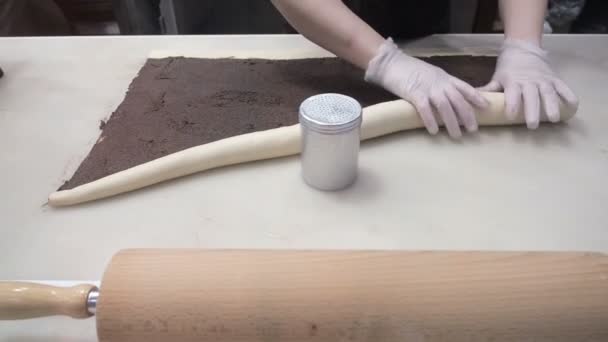 La escena: Cocinar envuelve la masa con relleno de canela en un rollo. Producción de rollos de canela. Productos de panadería. Bollos de canela apetitosos bollos pegajosos
  - Metraje, vídeo