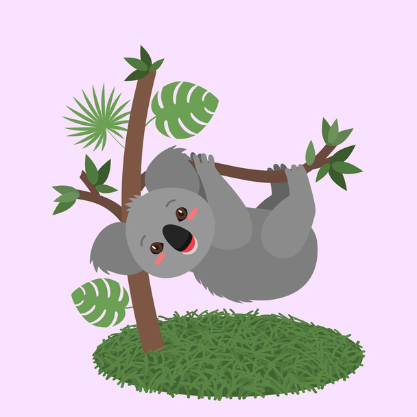 Komik koala bebek ile bir ağaç üzerinde asılı kalıyor. düz vektör illüstrasyon izole - Vektör, Görsel