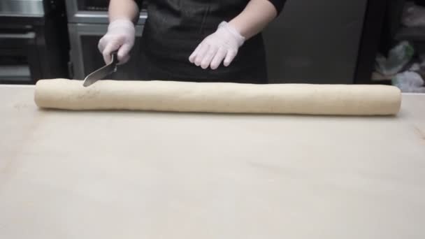 Scéna: Cookcuts roll na stejné části, které v budoucnosti budou housky se skořicí. Výroba skořici. Pekařské výrobky. Chutný skořicové buchty buchtama  - Záběry, video