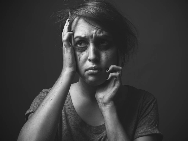 Crying young female. Black and white portrait - Φωτογραφία, εικόνα