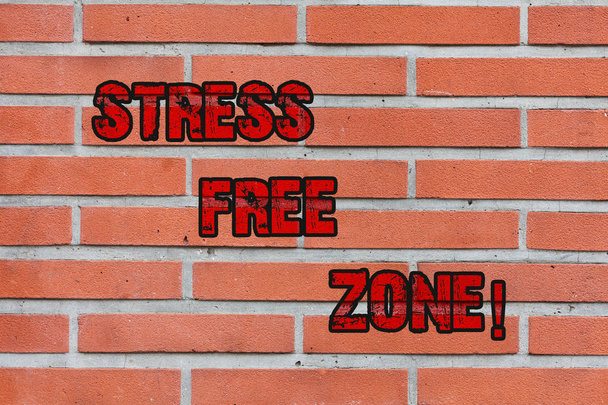 Word writing text Stress Free Zone. Business concept for space students can learn and regularly practice evidence Brick Wall art like Graffiti motivational call written on the wall. - Photo, Image