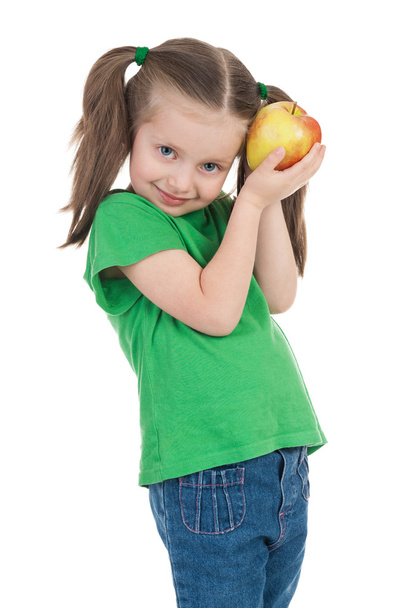 dziewczyna z jabłkiem na biały - Zdjęcie, obraz