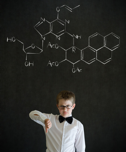 Thumbs down boy business man with science chemistry formula - Photo, image