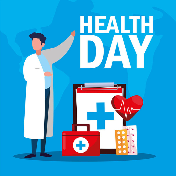 world health day card with doctor man and icons - Vector, Image