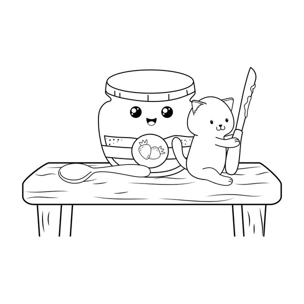aranyos kis macska-val strawberry jam kawaii vektoros illusztráció-rajzoló - Vektor, kép