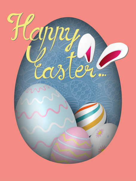 Міжнародне весняне святкування Дизайн з типографією для вітальних листівок, запрошення вечірки шаблон вітальних листівок Великодня Реалістичні 3D кольорові великодні яйця з кролячими вухами та почерком
 - Вектор, зображення
