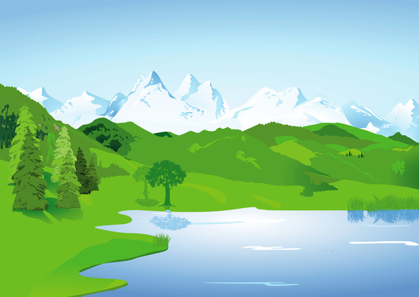Пейзаж с высокими горами и озером
 - Вектор,изображение