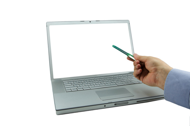 Kannettava tietokone vihreällä osoituskynällä
 - Valokuva, kuva