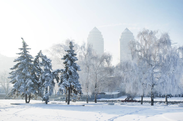 Зимова сцена в "Дніпро". Зимові міська, морозний ранок. Україна - Фото, зображення