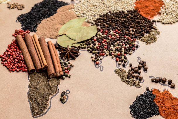 Wereldkaart gemaakt van verschillende specerijen - Foto, afbeelding