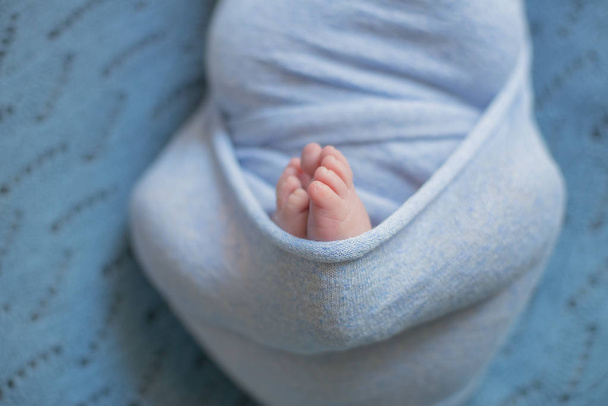 little baby legs in blue blanket on the bed at home - Valokuva, kuva