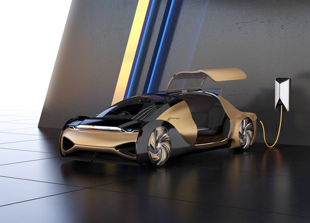 Металлический золотой электромобиль зарядки в зарядной станции. Оригинальный дизайн. 3D рендеринг изображений
. - Фото, изображение