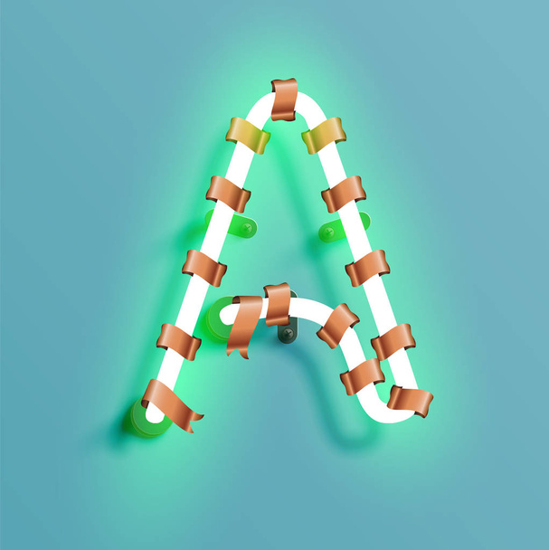 Neon font from a fontset with Christmas decoration pine, vector  - Διάνυσμα, εικόνα