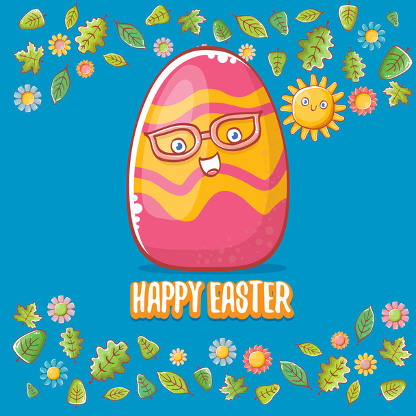 Mutlu Paskalya karikatür tebrik kartı sevimli renkli çizgi yumurta karakteri ve güneş izole yeşil yaprakları ve bahar çiçekleri ile mavi arka plan üzerinde. Mutlu Paskalya yaratıcı konsept illüstrasyon vektör - Vektör, Görsel