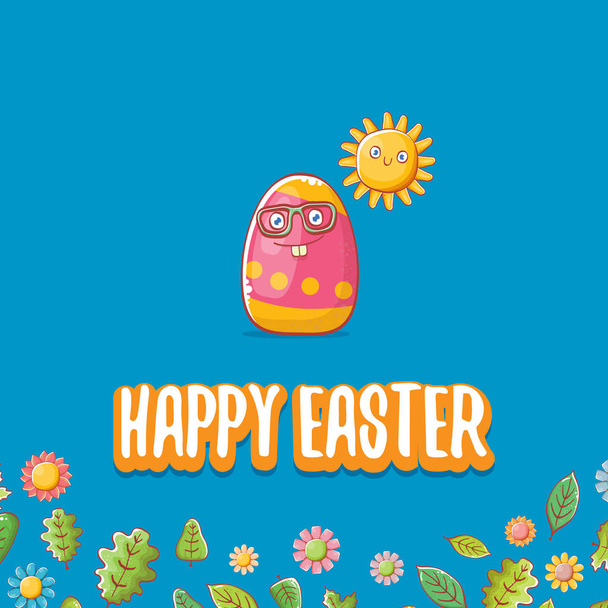 Happy easter cartoon greeting card with cute colorful cartoon egg character and sun isolate on blue background with green leaves and spring flowers. Vector Happy easter creative concept illustration - Vector, Image