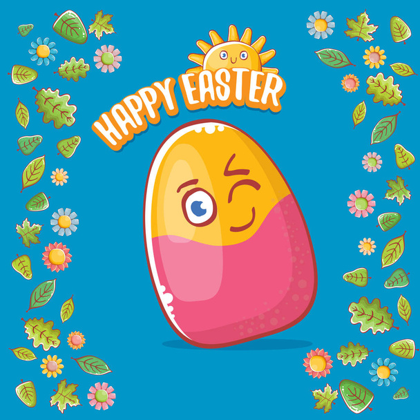 Mutlu Paskalya karikatür tebrik kartı sevimli renkli çizgi yumurta karakteri ve güneş izole yeşil yaprakları ve bahar çiçekleri ile mavi arka plan üzerinde. Mutlu Paskalya yaratıcı konsept illüstrasyon vektör - Vektör, Görsel