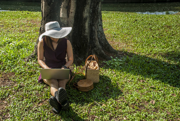 Mujer joven con portátil en la hierba en el parque
 - Foto, Imagen