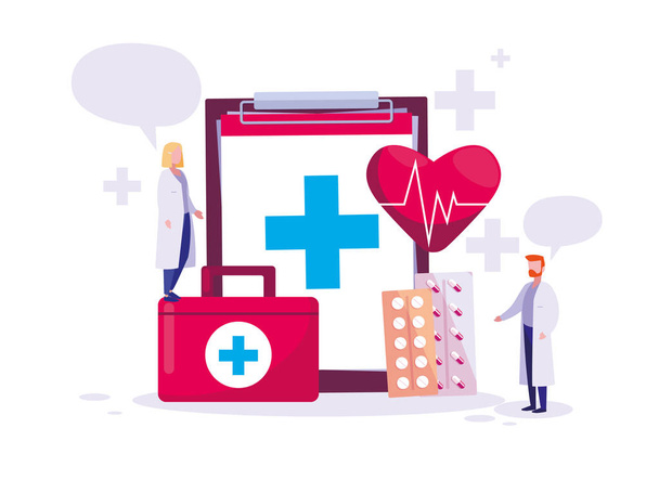 cartão de dia de saúde mundial com médicos casal e ícones
 - Vetor, Imagem