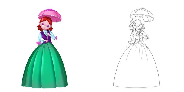 Delicada princesa animada com guarda-chuva rosa. Livro de colorir, esboço esboço, projeto do caráter isolado no fundo branco
 - Foto, Imagem
