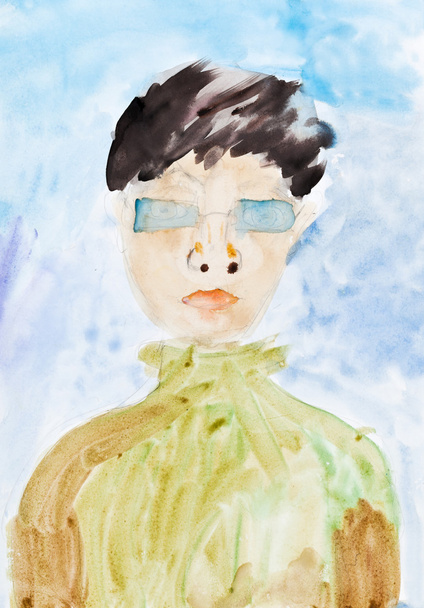 ζωγραφική του παιδιού - άνθρωπος με μπλε γυαλιά - Φωτογραφία, εικόνα