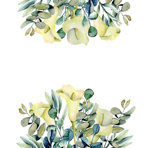 Modello di carta con acquerello bianco callas fiori e rami di eucalipto, dipinta a mano su sfondo bianco, design perfetto per il matrimonio
 - Foto, immagini
