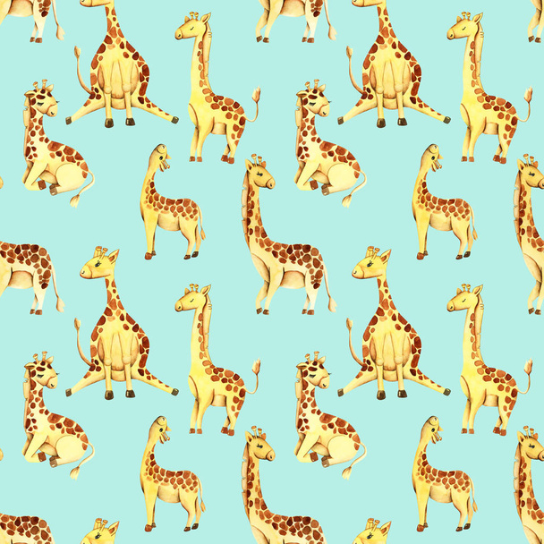 Watercolor cute giraffes seamless pattern, hand drawn on a blue background - Foto, immagini