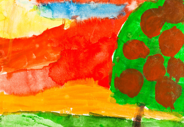 child's painting - autumn sunset and apple tree - Foto, afbeelding