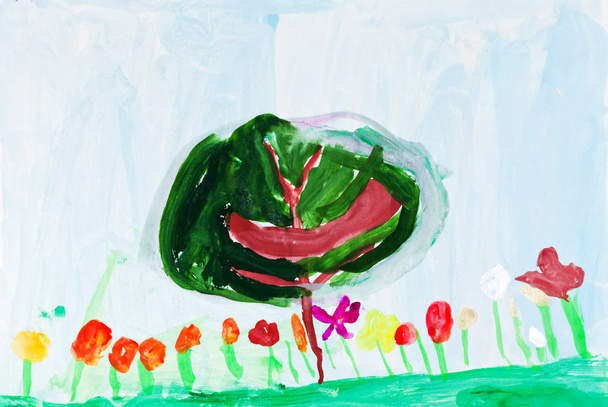 pintura infantil - árvore verde e flores
 - Foto, Imagem