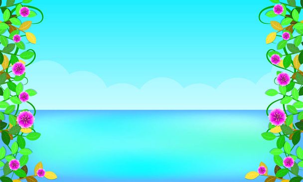 praia ao redor com flores de folha belo céu azul mar feriado. espaço livre da cópia para seu texto. ilustração vetorial eps10
 - Vetor, Imagem