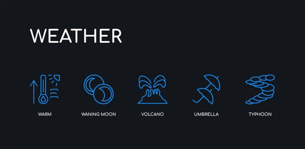 5 contorno tratto tifone blu, ombrello, vulcano, luna calante, icone calde della collezione meteo su sfondo nero. linea modificabile icone sottili lineari
. - Vettoriali, immagini
