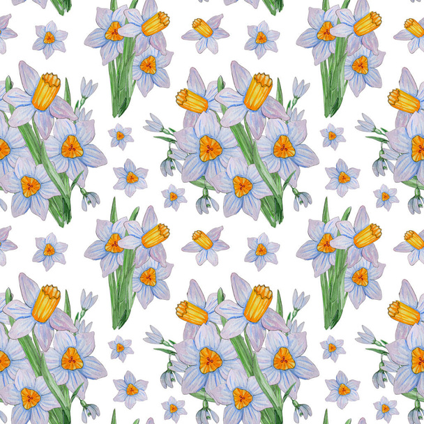 Hand painted watercolor seamless pattern of spring flowers. - Фото, изображение