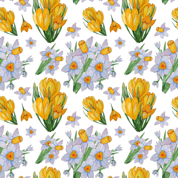 Hand painted watercolor seamless pattern of spring flowers. - Photo, Image