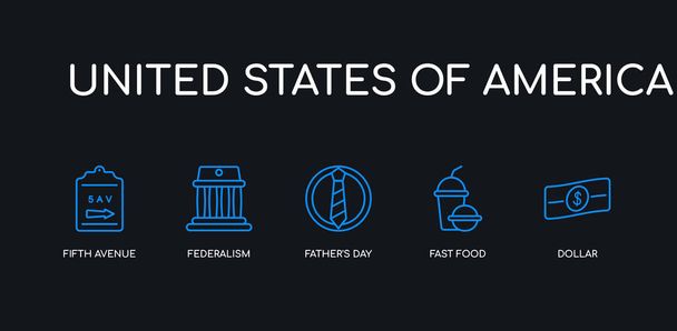5 obrysů modrý dolar, rychlá strava, Den otců, federalismus, ikony Páté Avenue ze Spojených států amerických, sbírka na černém pozadí. Spojnicový upravitelný lineární tenký panel. - Vektor, obrázek