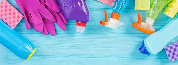 Cleaning service concept. Colorful cleaning set for different su - Photo, Image
