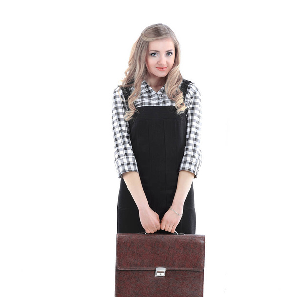 young business woman with business leather briefcase. - Foto, imagen