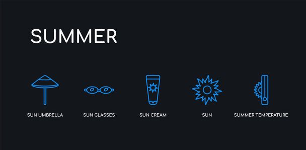 5 контур штрих голубой летней температуры, солнце, крем от солнца, солнцезащитные очки, зонтики иконы из летней коллекции на черном фоне. отредактируемые линейные тонкие значки
. - Вектор,изображение