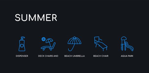 5 overzicht Stroke Blue Aqua Park, strandstoel, parasol, ligstoelen en zon, dispenser iconen uit de zomer collectie op zwarte achtergrond. lijn bewerkbare lineaire dunne pictogrammen. - Vector, afbeelding