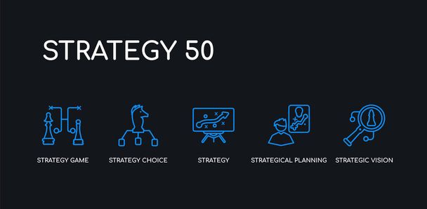 5 nástin tah modrá strategická vize, strategické plánování, strategie, výběr strategie, strategická hra ikony z 50 kolekce na černém pozadí. čára upravitelné lineární tenké ikony. - Vektor, obrázek