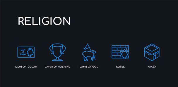 5 outline stroke blue kaaba, kotel, lamb of god, laver of washing, lion of  judah icons from religion collection on black background. line editable linear thin icons. - Vector, Image