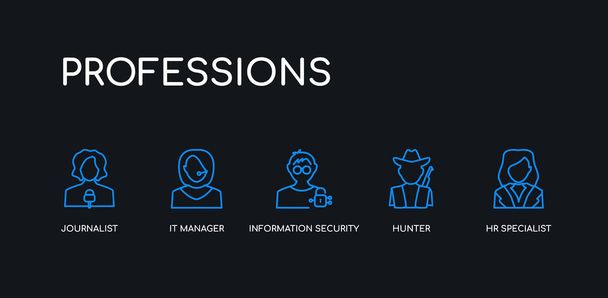 5 outline stroke blue hr specialist, hunter, information security analyst, it manager, journalist icons from professions collection on black background. line editable linear thin icons. - Vector, Image