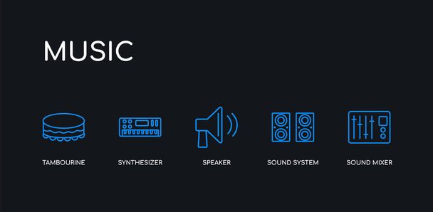 5 контурний звуковий мікшер, звукова система, динамік, синтезатор, піктограми бубонів з колекції музики на чорному тлі. лінійно-редаговані лінійні тонкі піктограми
. - Вектор, зображення