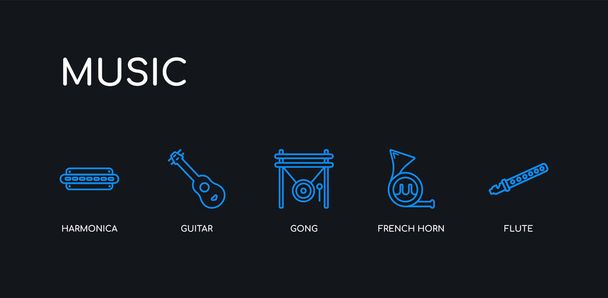5 zarys skoku niebieski flet, francuski róg, Gong, gitara, harmonijka ikony z kolekcji muzycznej na czarnym tle. liniowe cienkie ikony edytowalne liniowo. - Wektor, obraz