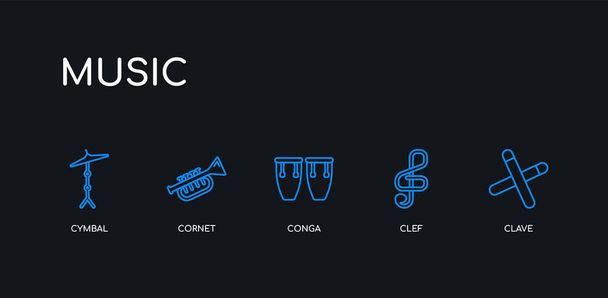 5 contorni traccia blu clave, chiave, conga, cornetta, icone di cembalo dalla collezione musicale su sfondo nero. linea modificabile icone sottili lineari
. - Vettoriali, immagini